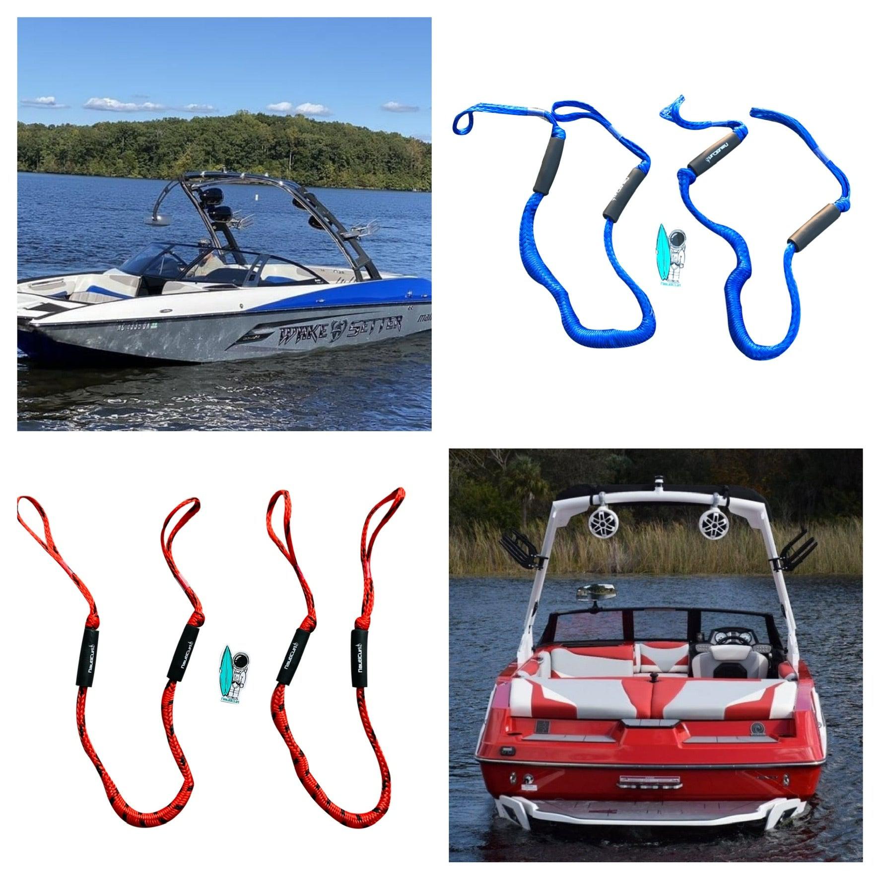 NautiCurl LLC shock-absorbing bungee boat ropes, two durable marine accessories with secure hooks for boat towing or docking.