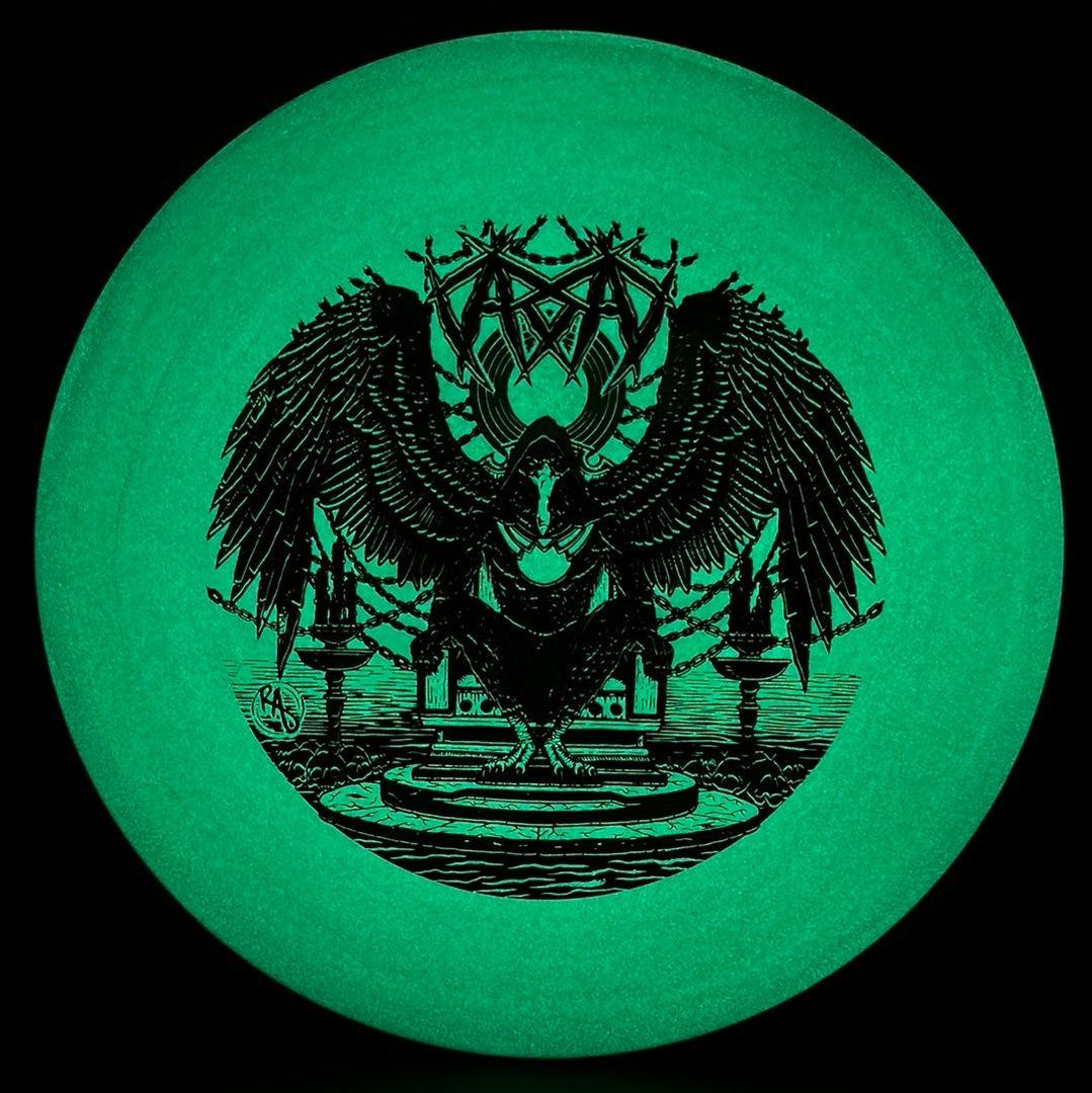 ESP Glo Buzzz disc golf disc by Rare Air Discs featuring Karudi the Overseer artwork on a glowing, vivid plastic disc.
