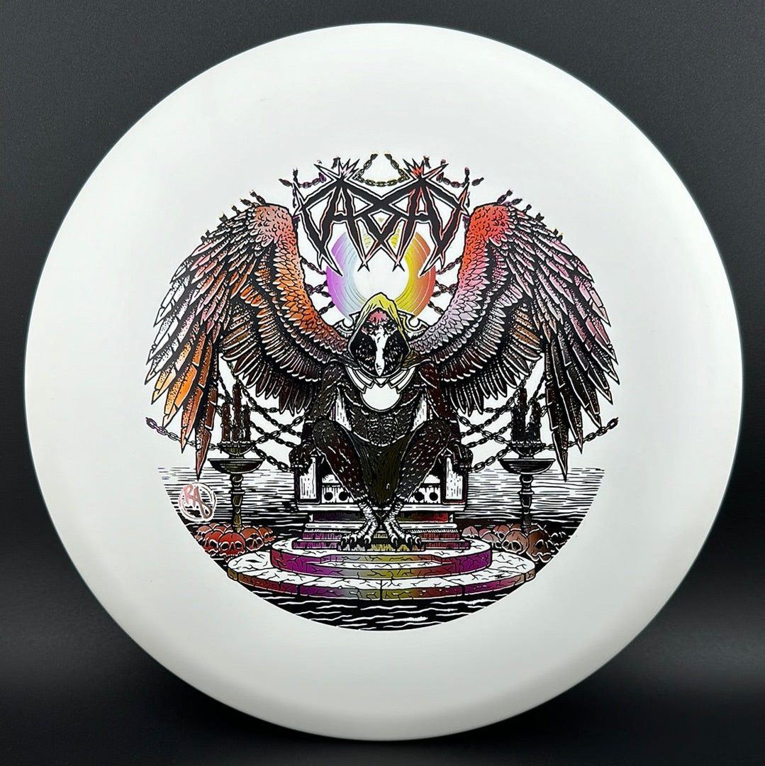 Rare Air Discs ESP Glo Buzzz disc golf disc featuring Karudi the Overseer design, glow-in-the-dark plastic, and vibrant artwork.