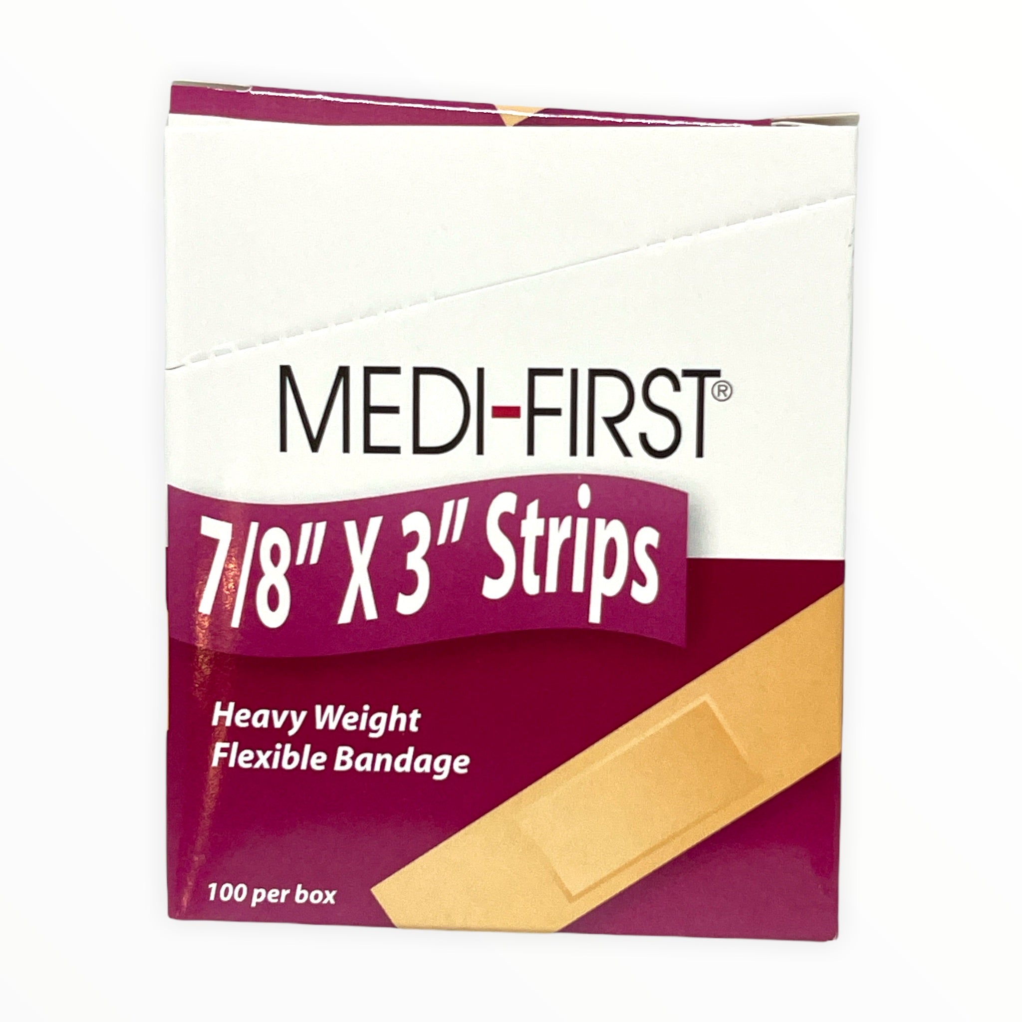Alpenglow Readiness Supply flexible HW strip bandages, 7/8" x 3", displayed in a first aid context.