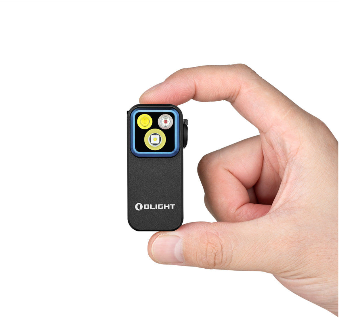 MUCITUP Olight Oclip Pro flashlight with clip, showing flood, spot, and red modes in four colors on a dark background.