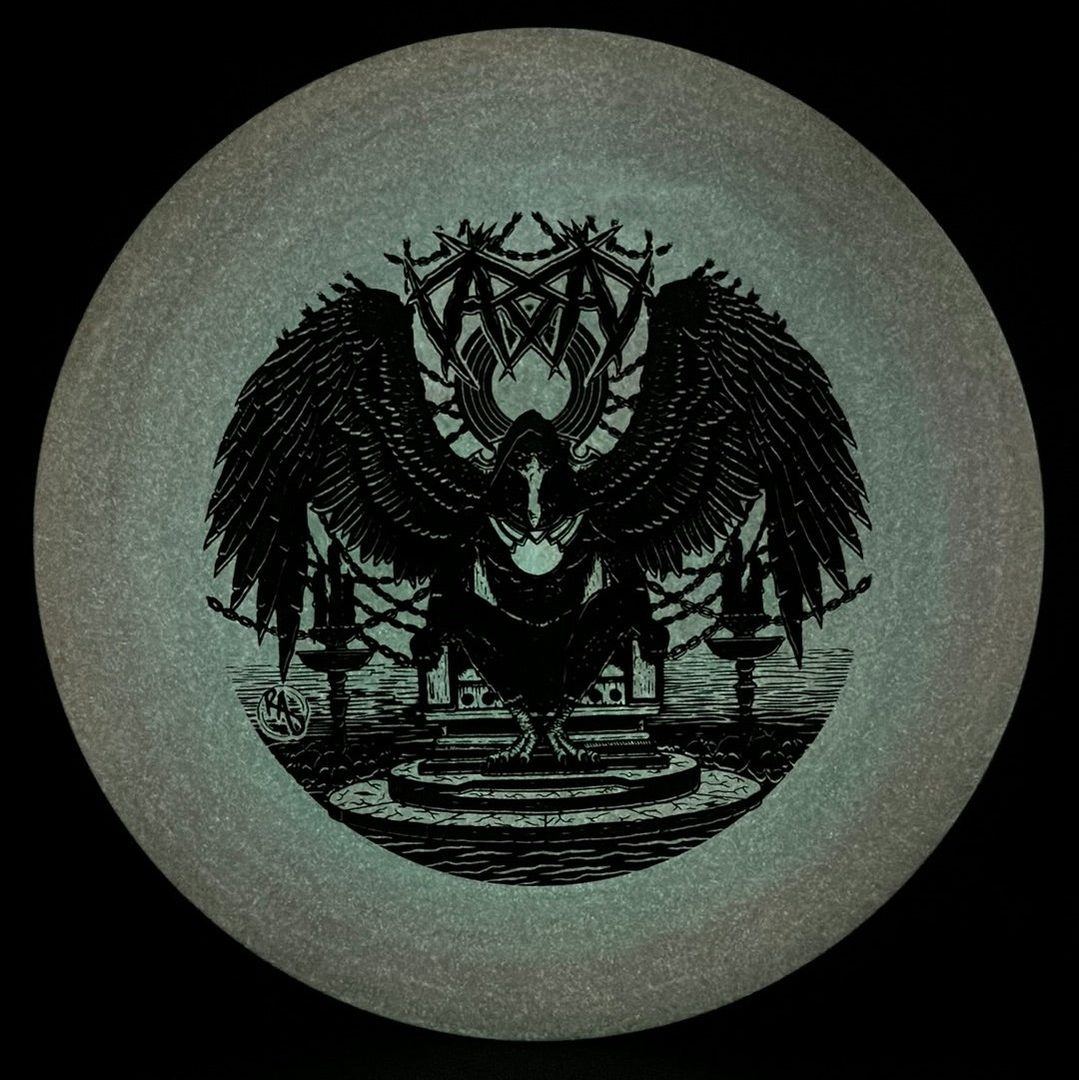 ESP Glo Buzzz disc golf disc by Ripper Studios featuring Karudi the Overseer artwork in vibrant glow finish.