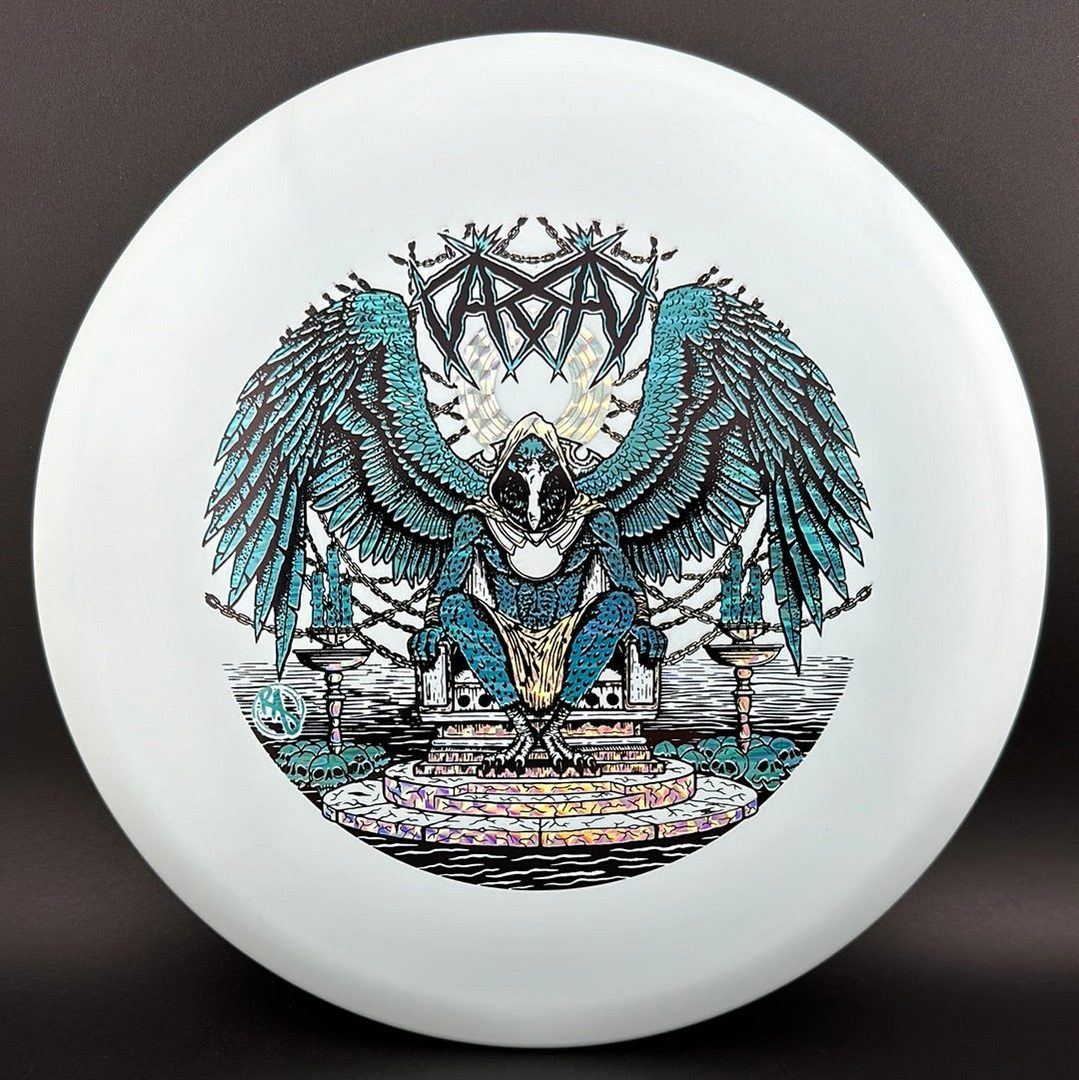 ESP Glo Buzzz disc golf disc by Rare Air Discs featuring Karudi the Overseer design, vibrant glow-in-the-dark finish.