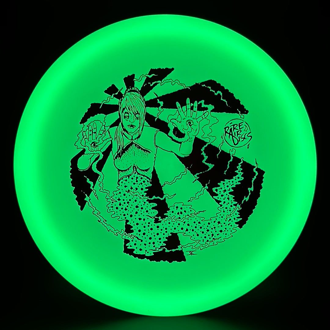 Glow C-Line FD disc golf disc by Rare Air Discs with custom "Mystic RAD Vision" stamp, featuring vibrant glow-in-the-dark artwork.