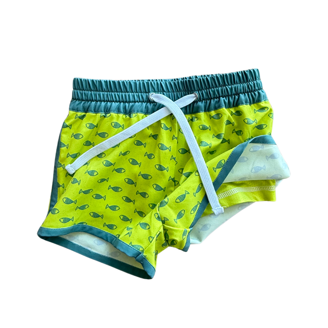 Bright neon fish hybrid shorts by Keep the Littles Wild featuring vibrant fish patterns and a casual, comfortable fit.