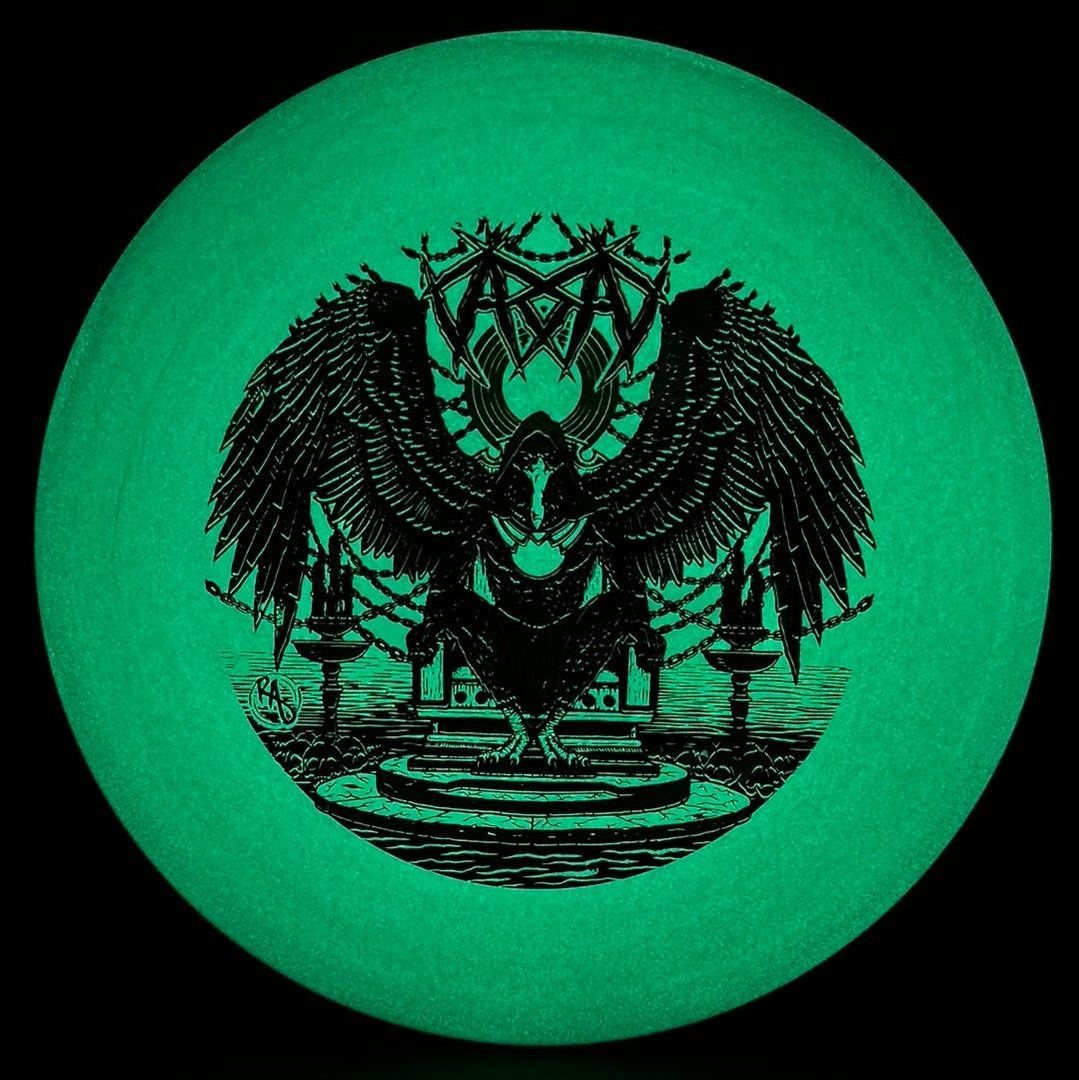 ESP Glo Buzzz disc golf disc by Ripper Studios, featuring Karudi the Overseer design in vibrant glo finish.
