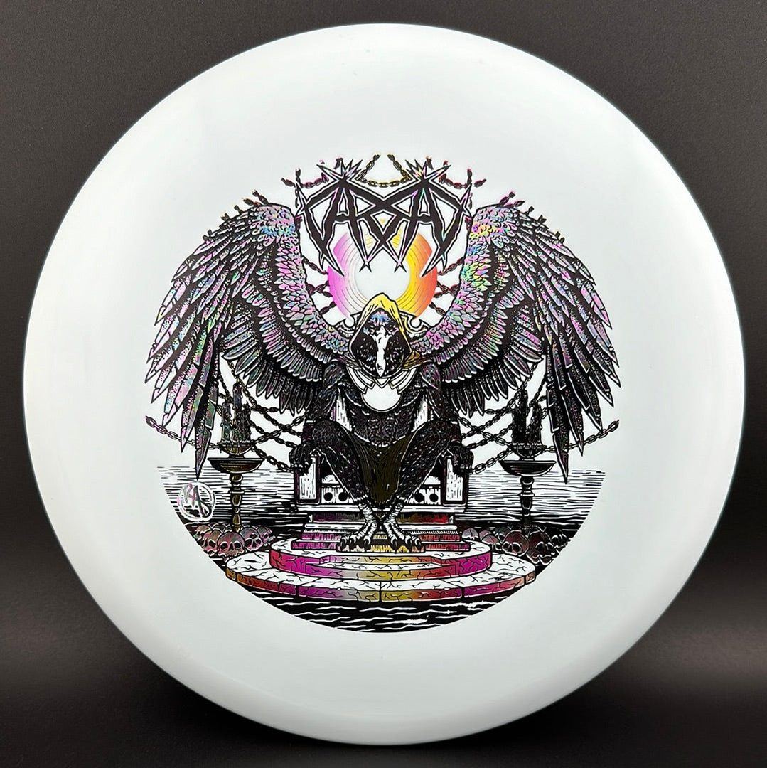 ESP Glo Buzzz disc golf disc by Rare Air Discs featuring Karudi the Overseer design, glowing and vibrant in color.