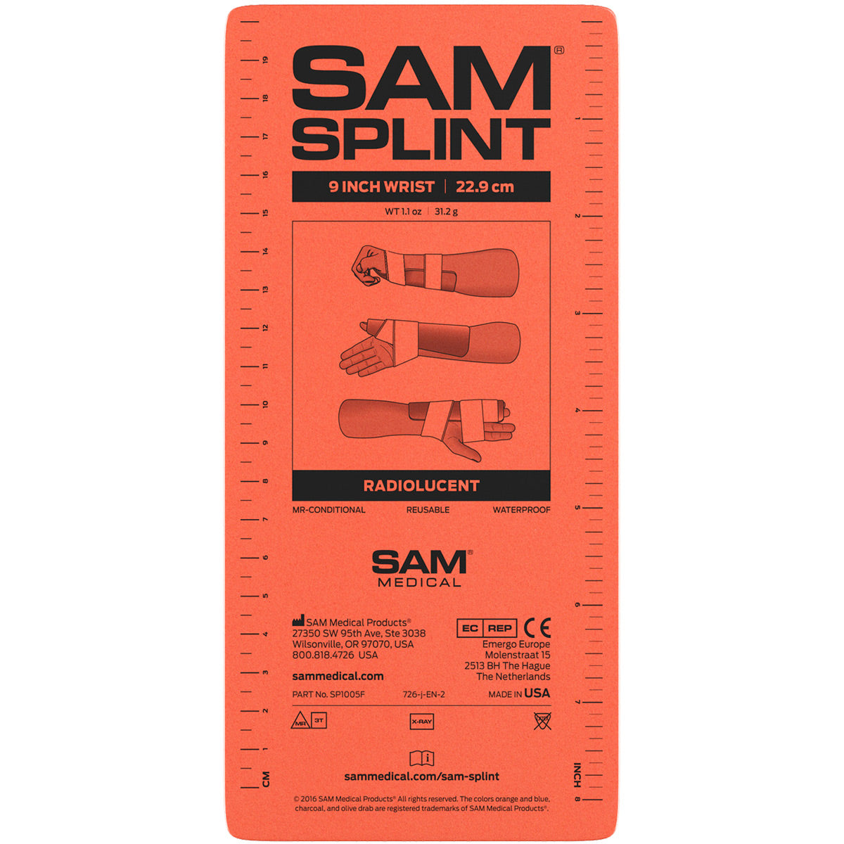 9-inch Sam Splint from Quakekits.com, a flexible first aid tool used for immobilizing broken limbs and injuries.