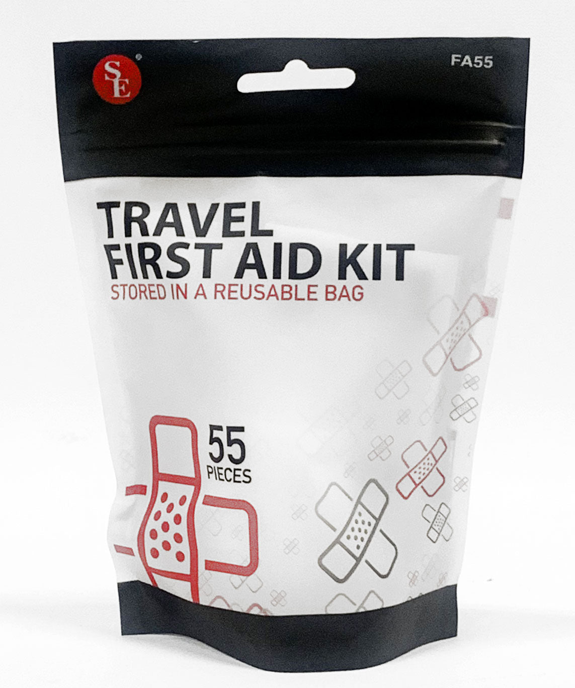Travel first aid kit with 55 medical supplies in a reusable waterproof bag, from quakekits.com, shown with first aid essentials.