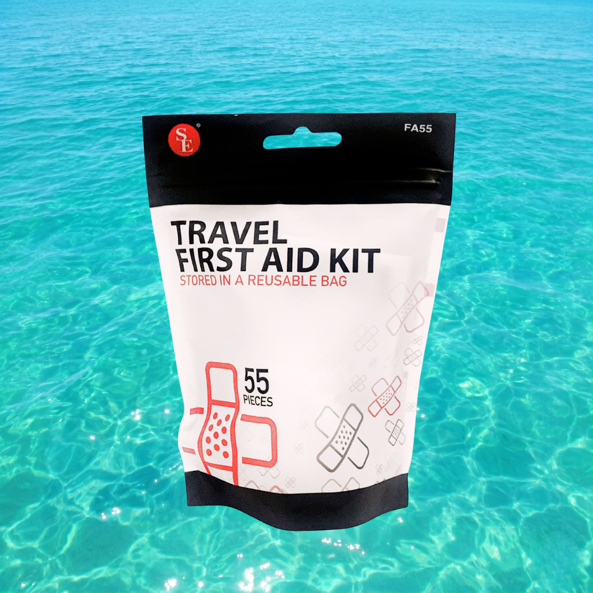 Travel First Aid Kit 55pc in waterproof reusable bag, compact emergency medical kit from quakekits.com with first aid supplies.