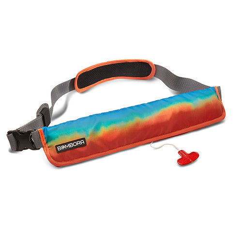 Vamo Life Bombora Gear 16g Belt Pack PFD in fade-out sunrise color, lightweight personal flotation device with adjustable straps.