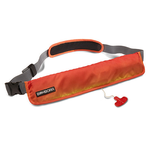 Vamo Life Bombora Gear 16g Belt Pack PFD in fadeout sunset color, compact personal flotation device with adjustable straps.