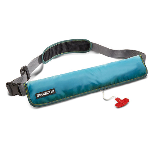 Vamo Life Bombora Gear 16g Belt Pack PFD in fade-out tidal color, featuring adjustable straps and compact design for water safety.