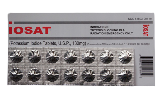 Potassium Iodide Tablets USP, 130 mg, in blister pack, used as medicine for radiation protection and thyroid health.