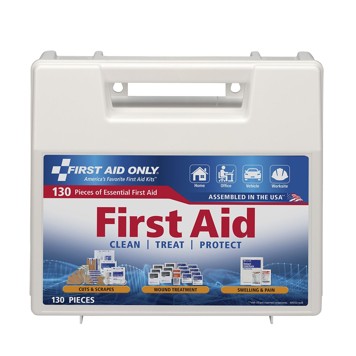 Large 131-piece first aid kit from quakekits.com with bandages, antiseptic wipes, scissors, and medical supplies for emergencies.