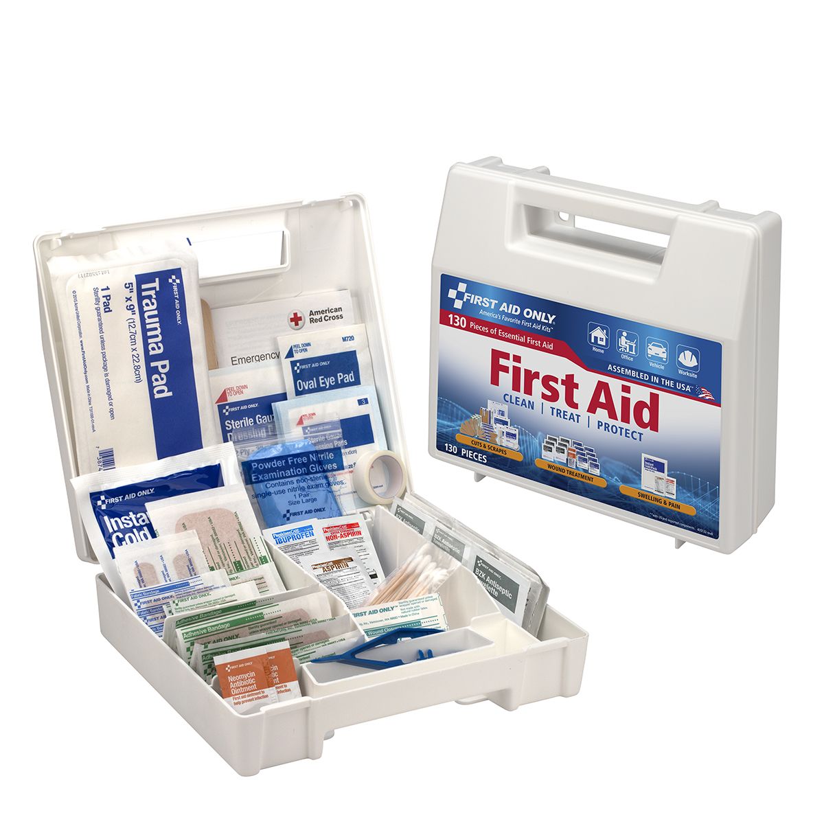 Large 131-piece first aid kit from quakekits.com with bandages, antiseptic wipes, scissors, and essential first aid supplies.