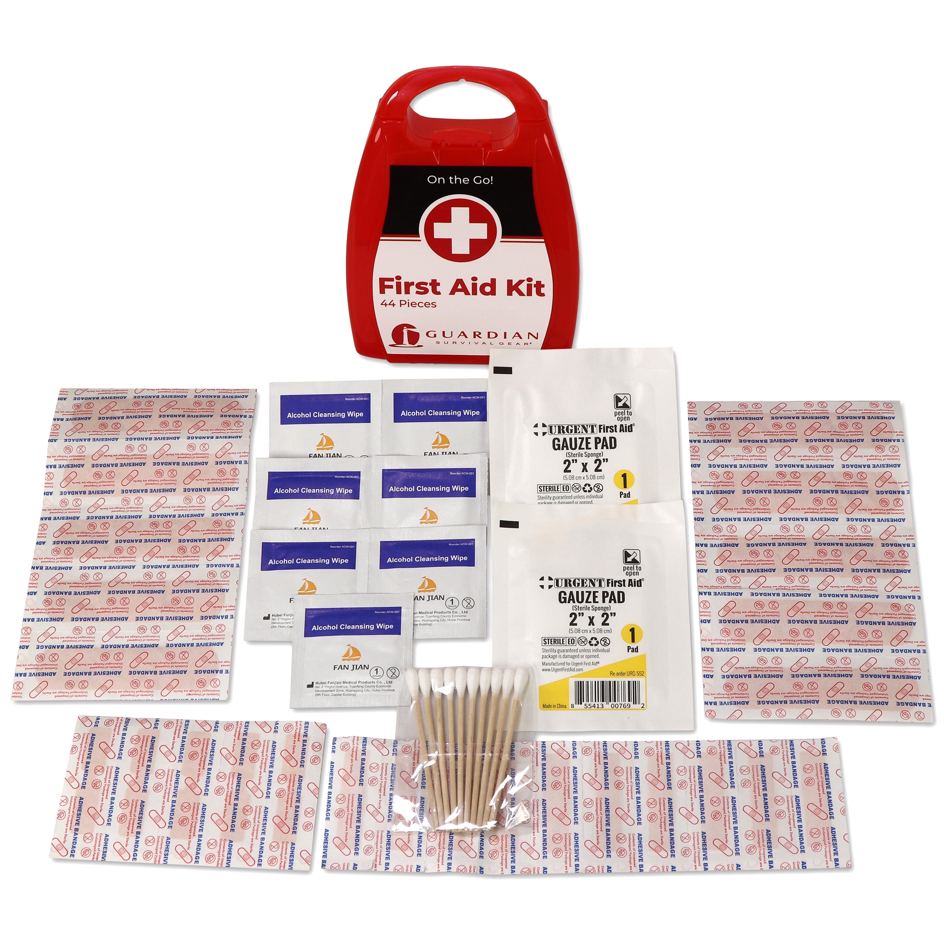 44 Piece Portable First Aid Kit by quakekits.com with various medical supplies in a compact case on a white background.