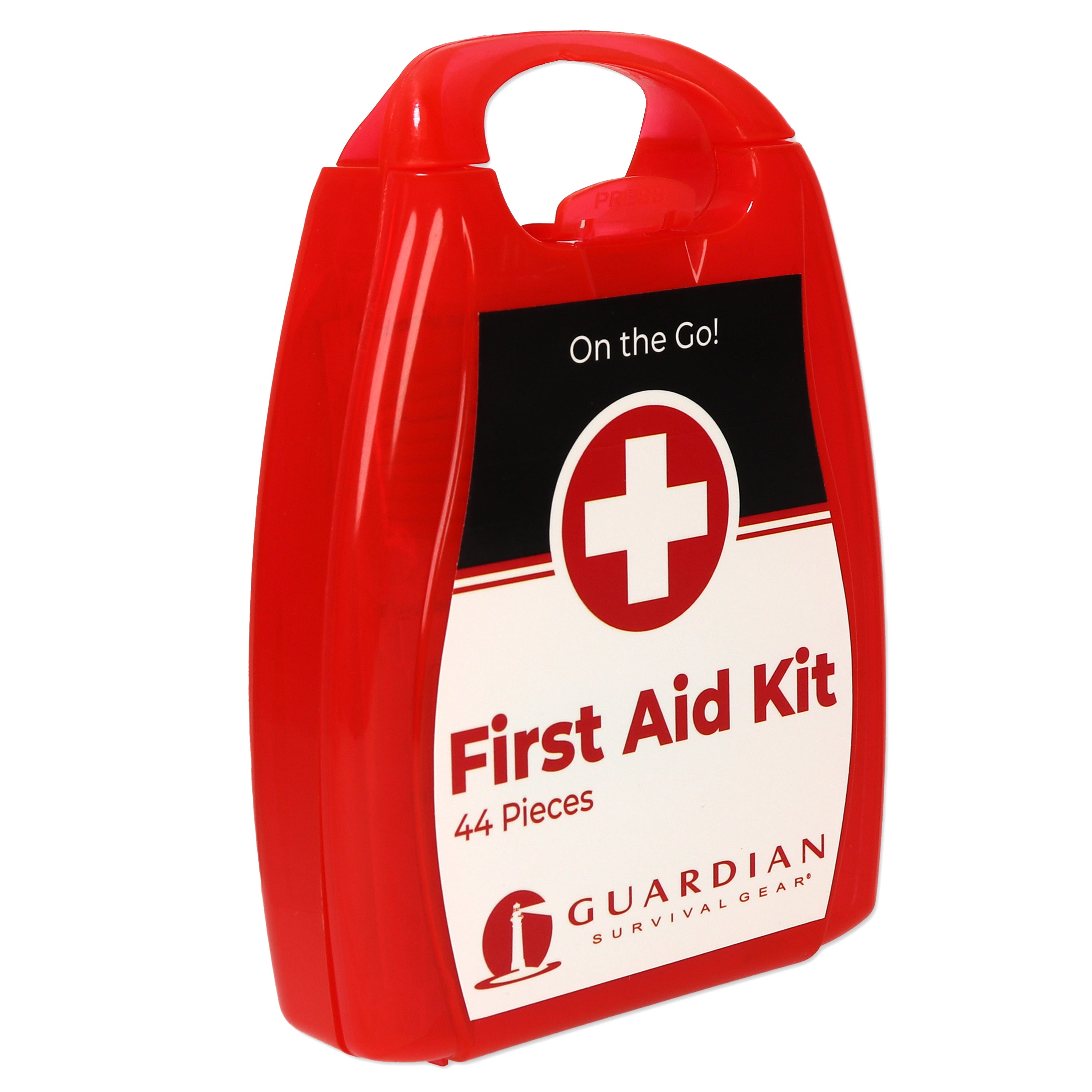 44 Piece Portable First Aid Kit by quakekits.com, featuring assorted medical supplies in a compact, durable case.