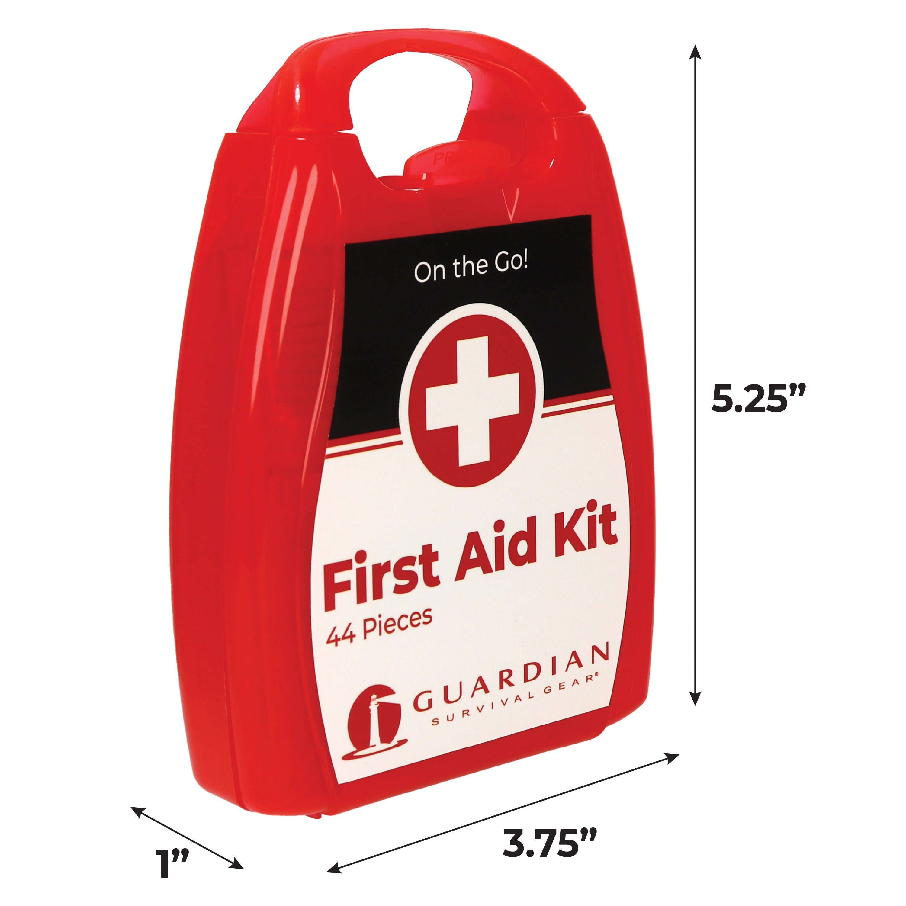 44 Piece Portable First Aid Kit by quakekits.com, displaying contents and dimensions for emergency preparedness.