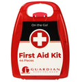 44 piece portable first aid kit with various medical supplies in a compact case for emergencies and outdoor activities.