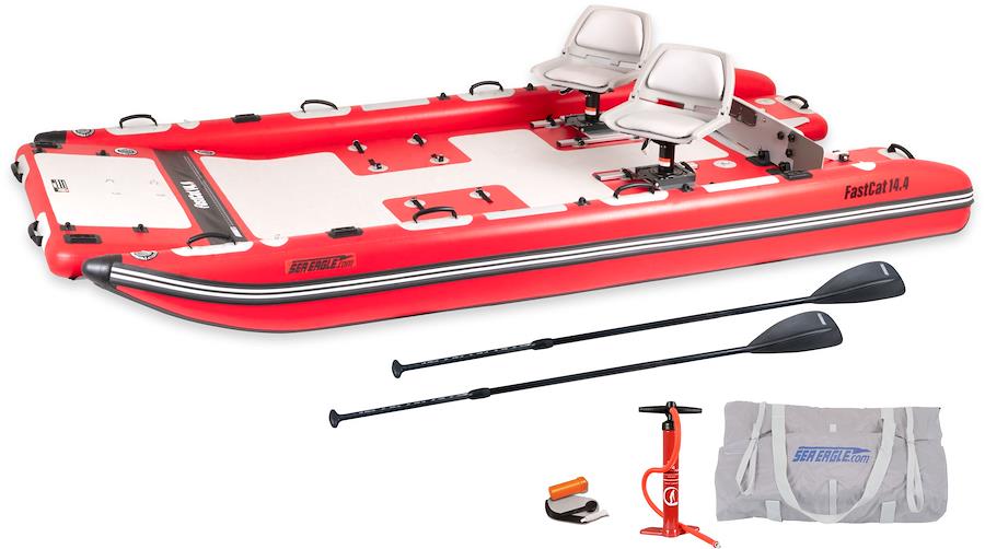 FastCat14™ catamaran deluxe package by Backcountry Sportsman, featuring lightweight double-hulled boat with seating and accessories.