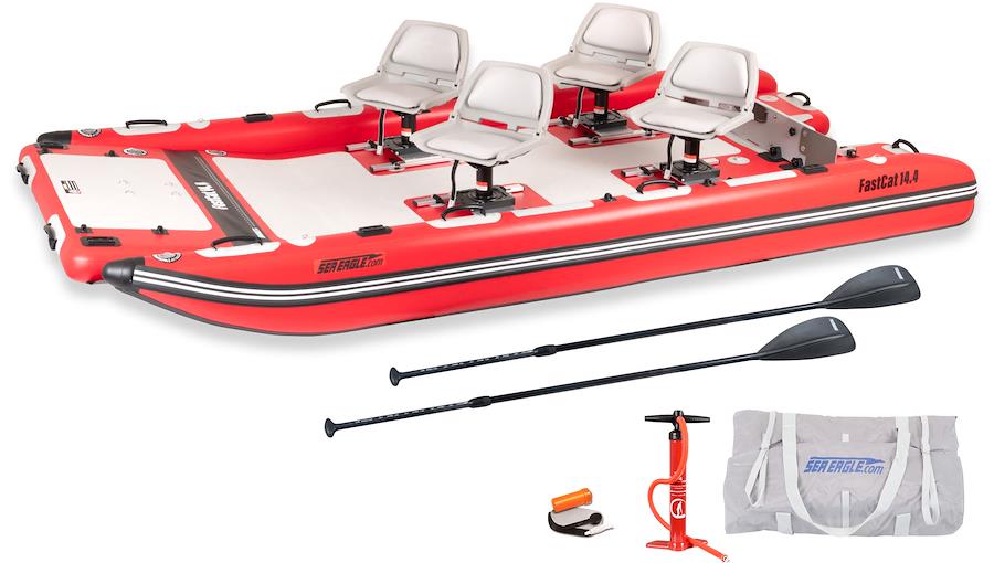 FastCat14™ Catamaran Deluxe Package by Backcountry Sportsman, featuring the lightweight, durable boat with seating and accessories.