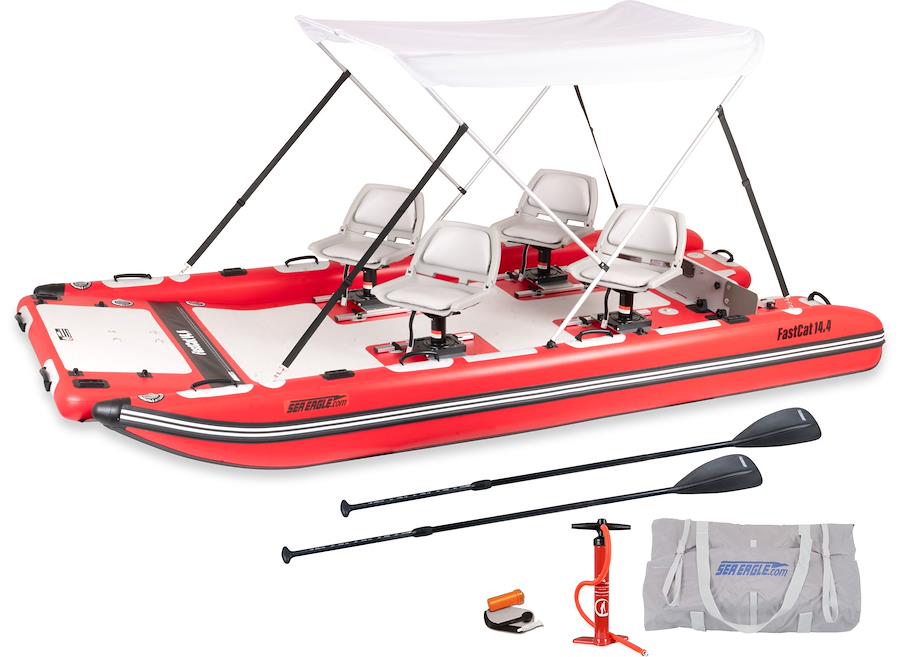 FastCat14™ Catamaran from Backcountry Sportsman with sleek blue hull and spacious deck for recreational sailing.