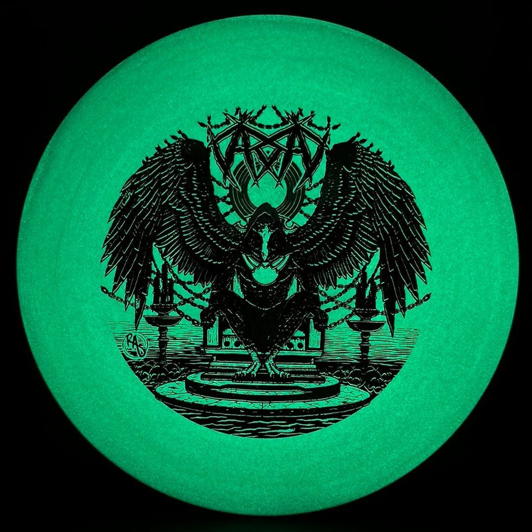 ESP Glo Buzzz disc golf disc by Rare Air Discs featuring Karudi the Overseer artwork, glowing in vibrant colors.