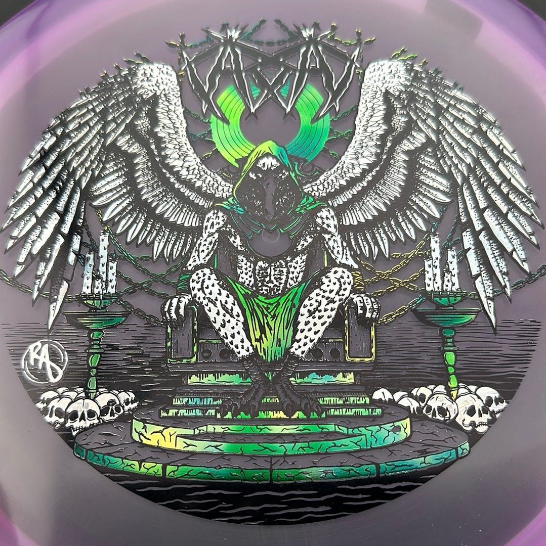 CryZtal Buzzz disc golf disc by Rare Air Discs featuring Karudi the Overseer from Cult of RAD design, transparent crystal look.