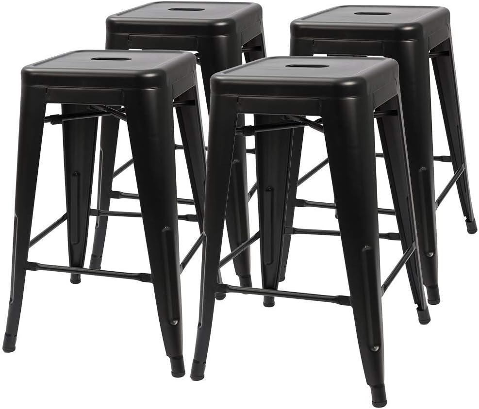 Set of 4 black metal backless stacking barstools for indoor or outdoor use, 24-inch height, modern dining or bar seating by HomePacific.