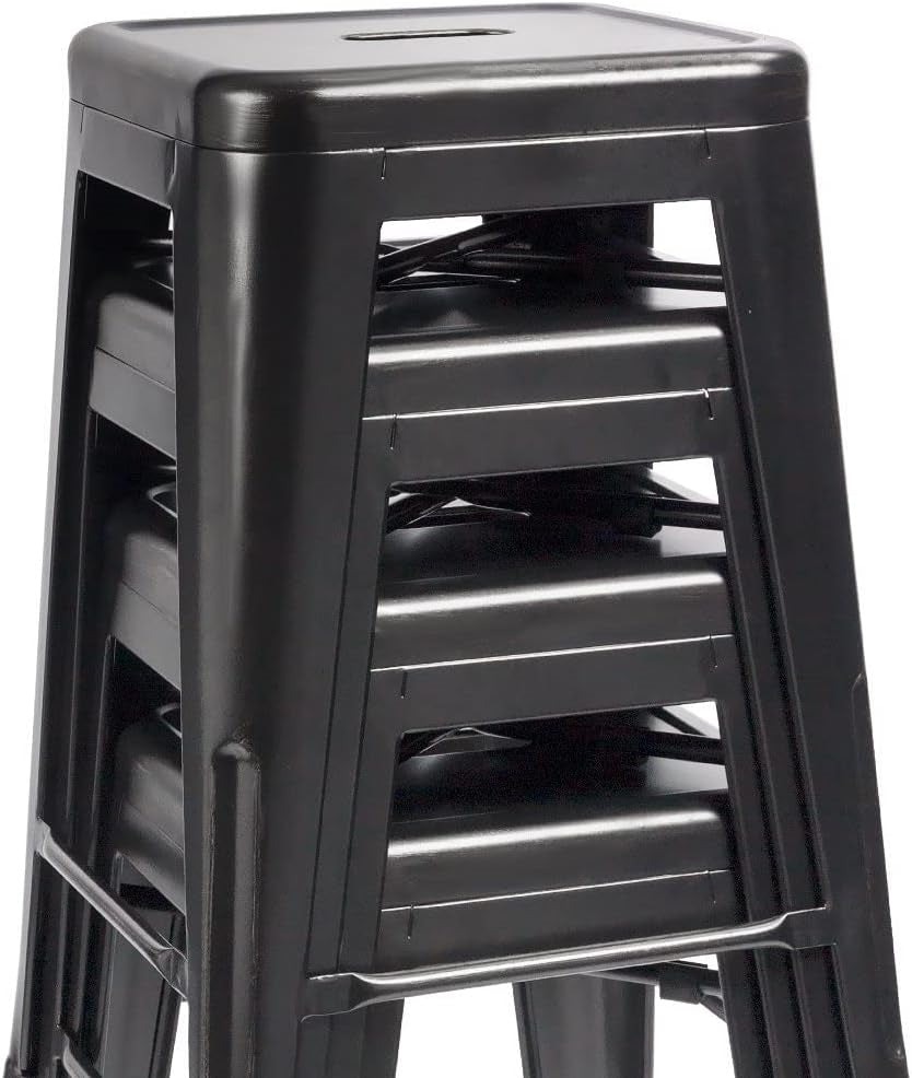 Set of four black metal backless stacking barstools for indoor or outdoor use, perfect for dining or bar areas.