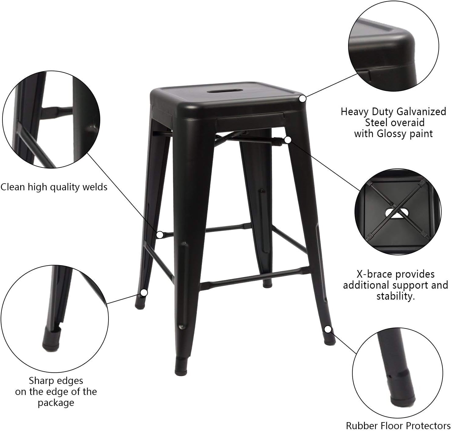 Set of four black metal backless stacking barstools for indoor or outdoor use, 24-inch height, ideal for dining or bar areas.