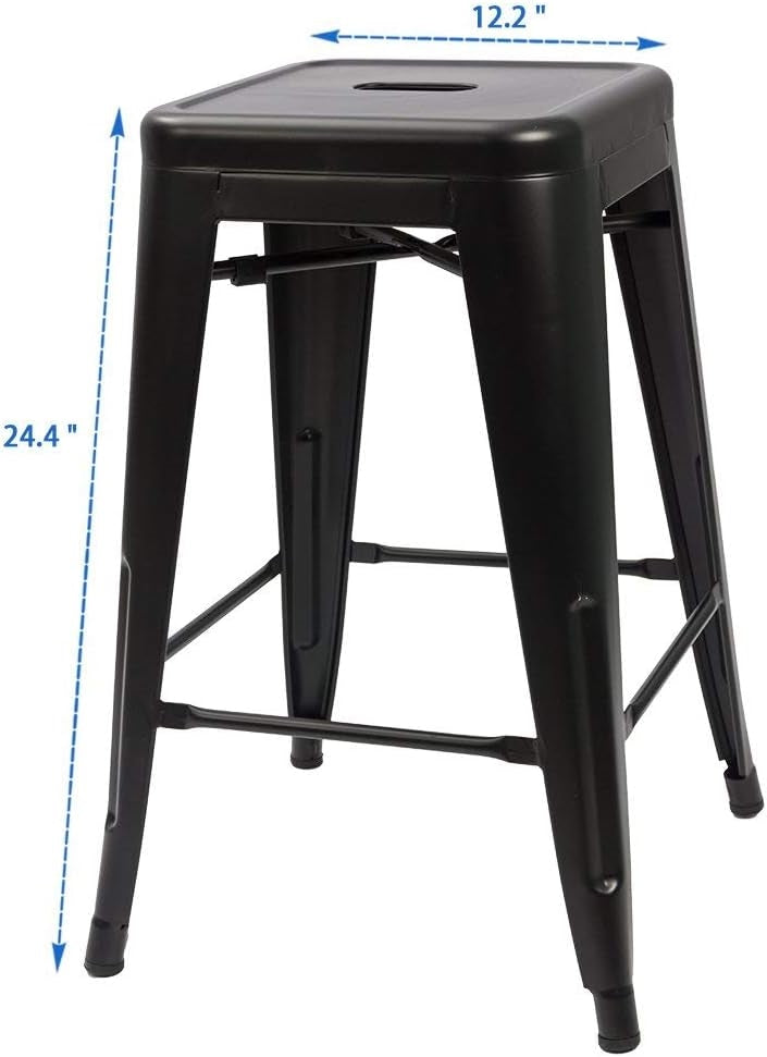 Set of four black metal backless stacking barstools for indoor or outdoor use, 24-inch height, modern dining or bar seating.