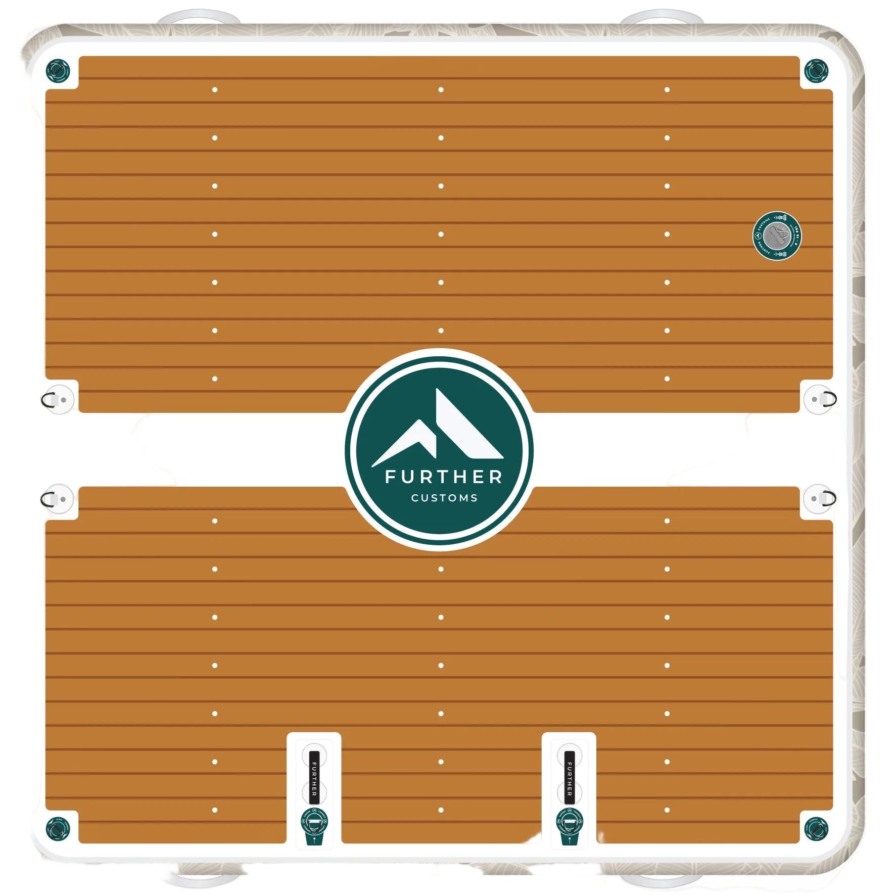 Wooden dock platform with 'Further Customs' branding and Avalon Dock logo.