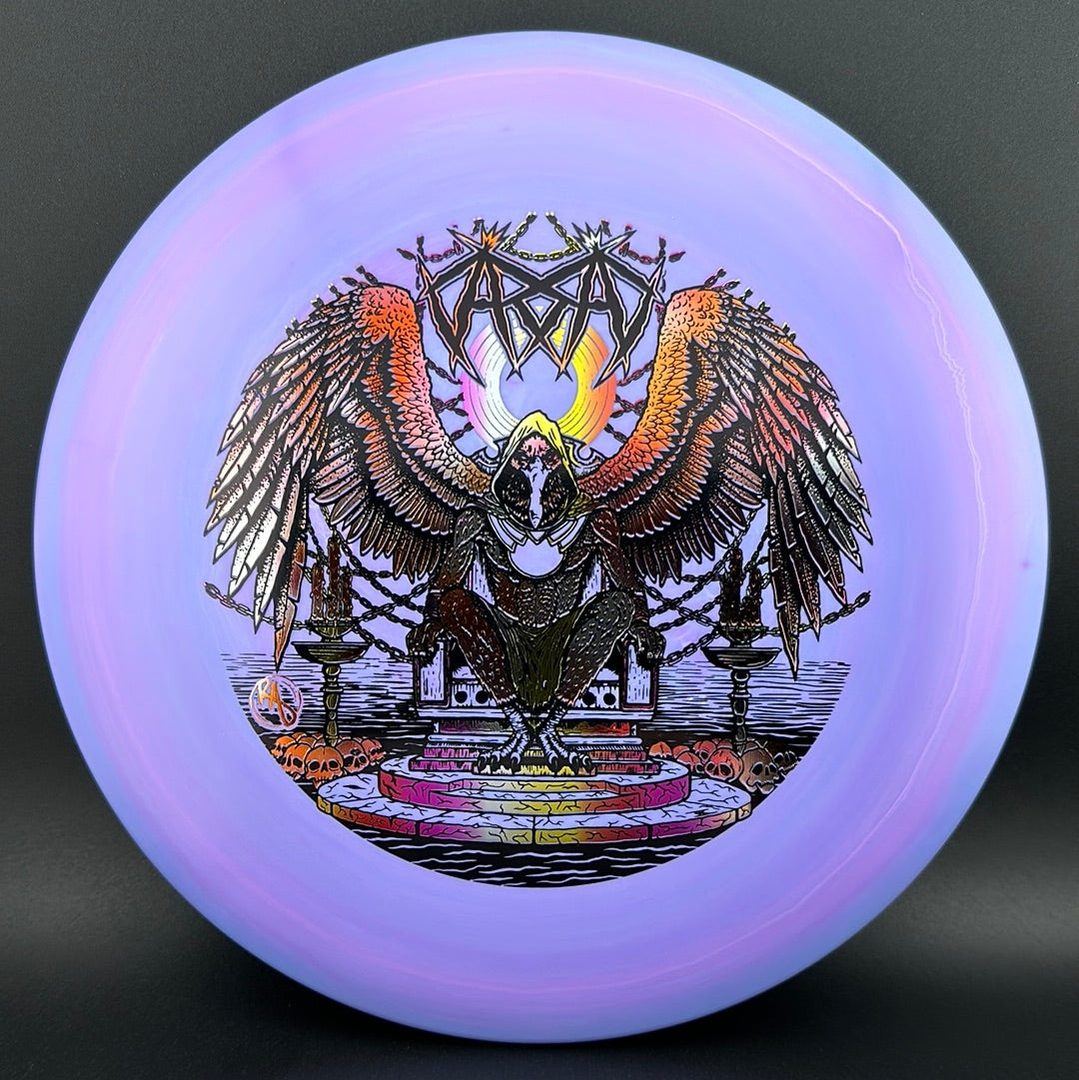 ESP Glo Buzzz disc golf disc by Rare Air Discs featuring Karudi the Overseer artwork, vibrant glow-in-the-dark design.
