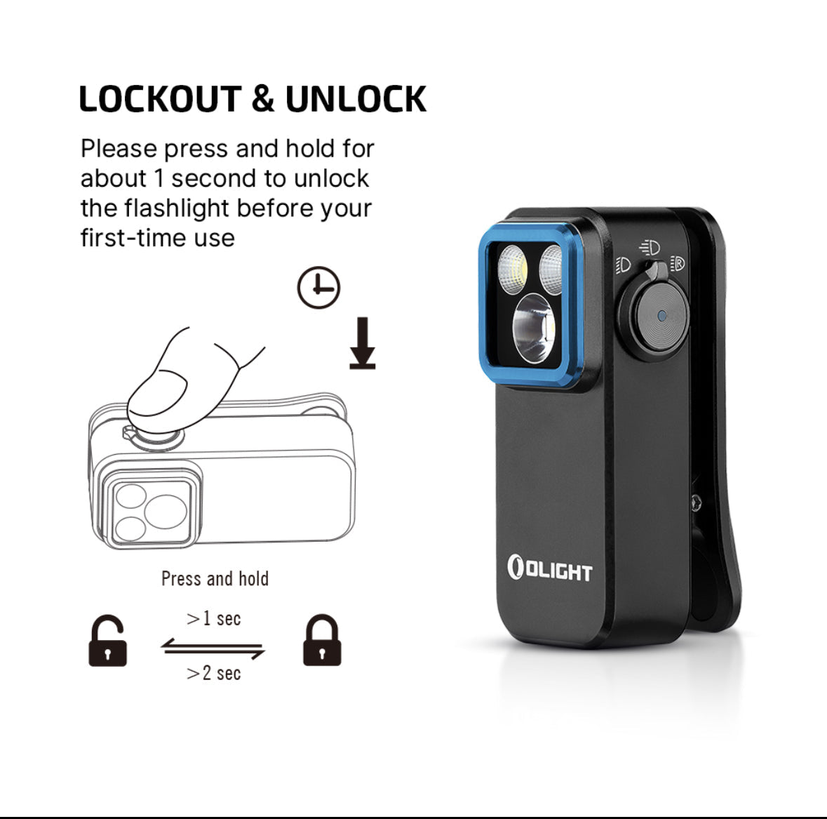 MUCITUP Olight Oclip Pro flashlight with clip, showing flood, spot, and red modes in four color options, compact and versatile.