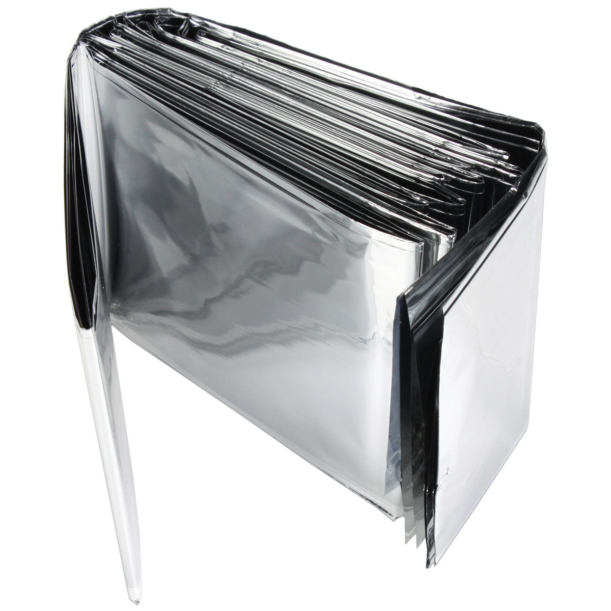 Lightweight emergency Mylar space blanket provides thermal warmth and shelter, ideal for survival situations.