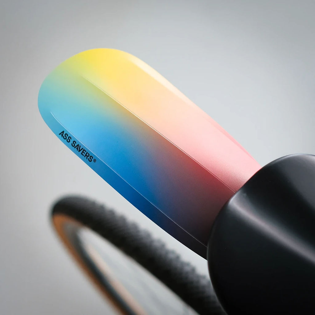 ZEITBIKE ASS SAVERS Big rain fenders for MTB and fatbikes, lightweight plastic mudguards with spectrum color design.