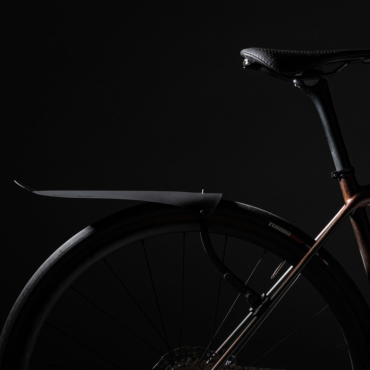 ZEITBIKE Ass Savers Win Wing 2 road rear mudguard with black wishbone attached to bike wheel for splash protection.