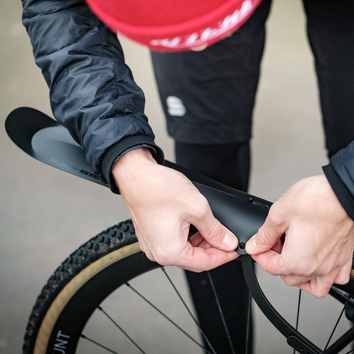 ZEITBIKE Ass Savers Win Wing 2 road rear mudguard with black wishbone attached to bike wheel, protecting against mud and spray