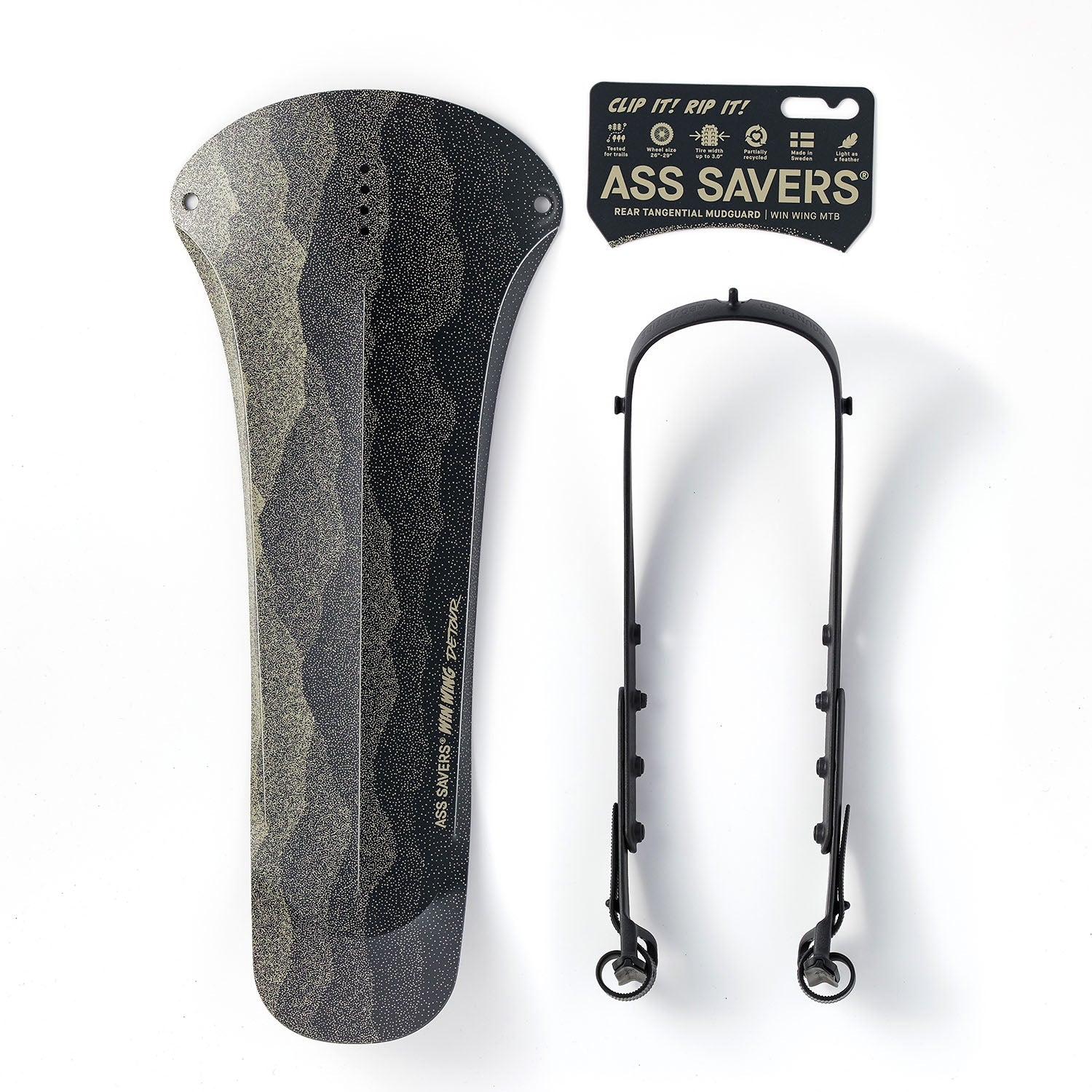 ZEITBIKE Ass Savers Win Wing MTB fenders attached to mountain bike, designed to protect against mud and water spray.