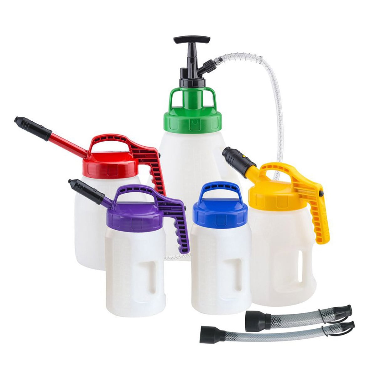 OilSafe starter kit with fluid transfer containers from DRIVEN Racing Shop, featuring durable plastic bottles for engine oil and fluid transfer.