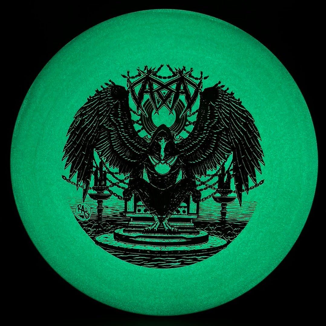Rare Air Discs ESP Glo Buzzz disc golf disc featuring Karudi the Overseer artwork from Cult of RAD by Ripper Studios.