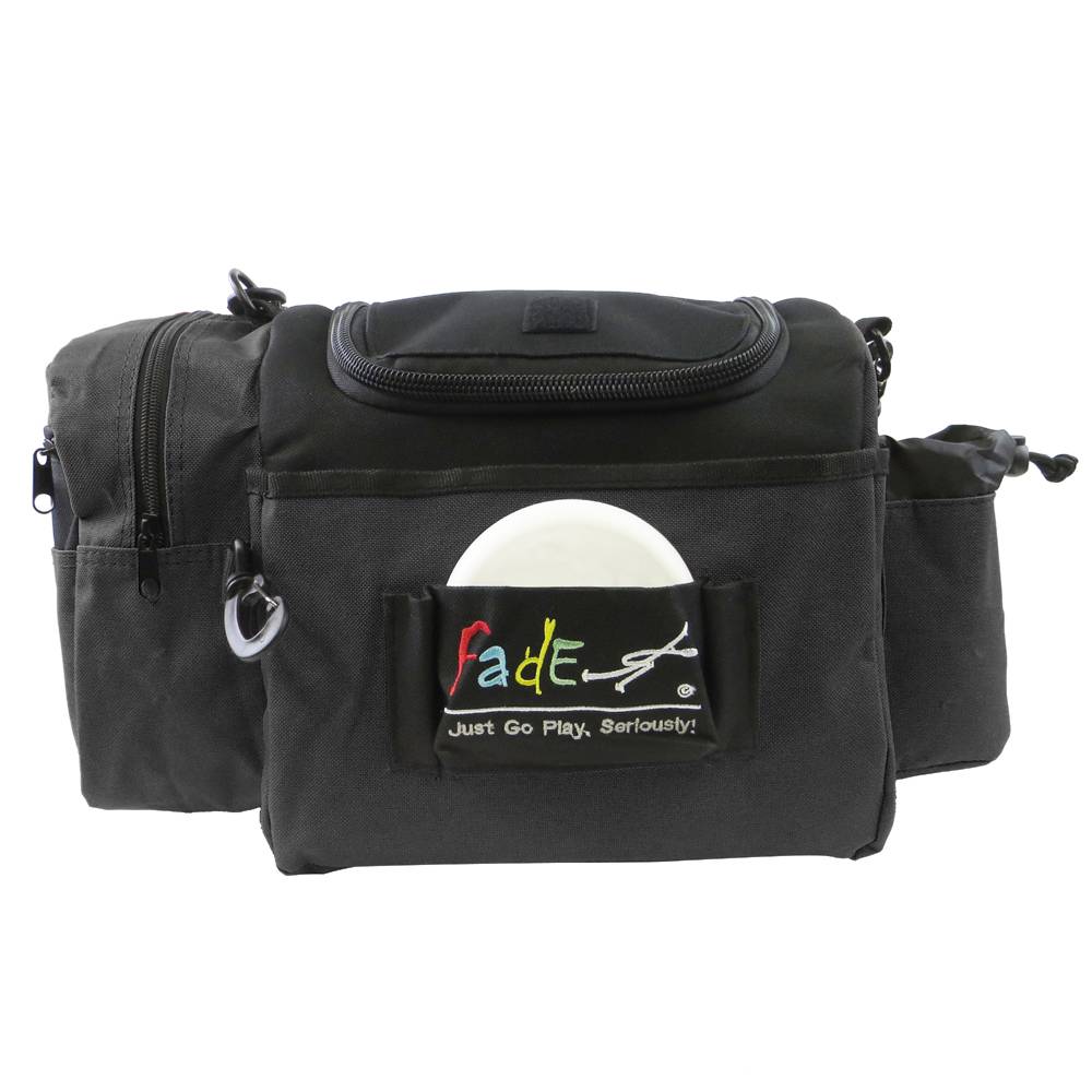 Lightning Golf Discs Fade Gear Crunch Box disc golf bag in black, featuring multiple compartments and a padded shoulder strap.