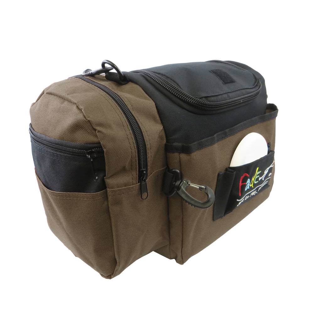Lightning Golf Discs Fade Gear Crunch Box disc golf bag in brown, featuring multiple pockets and a sleek design.