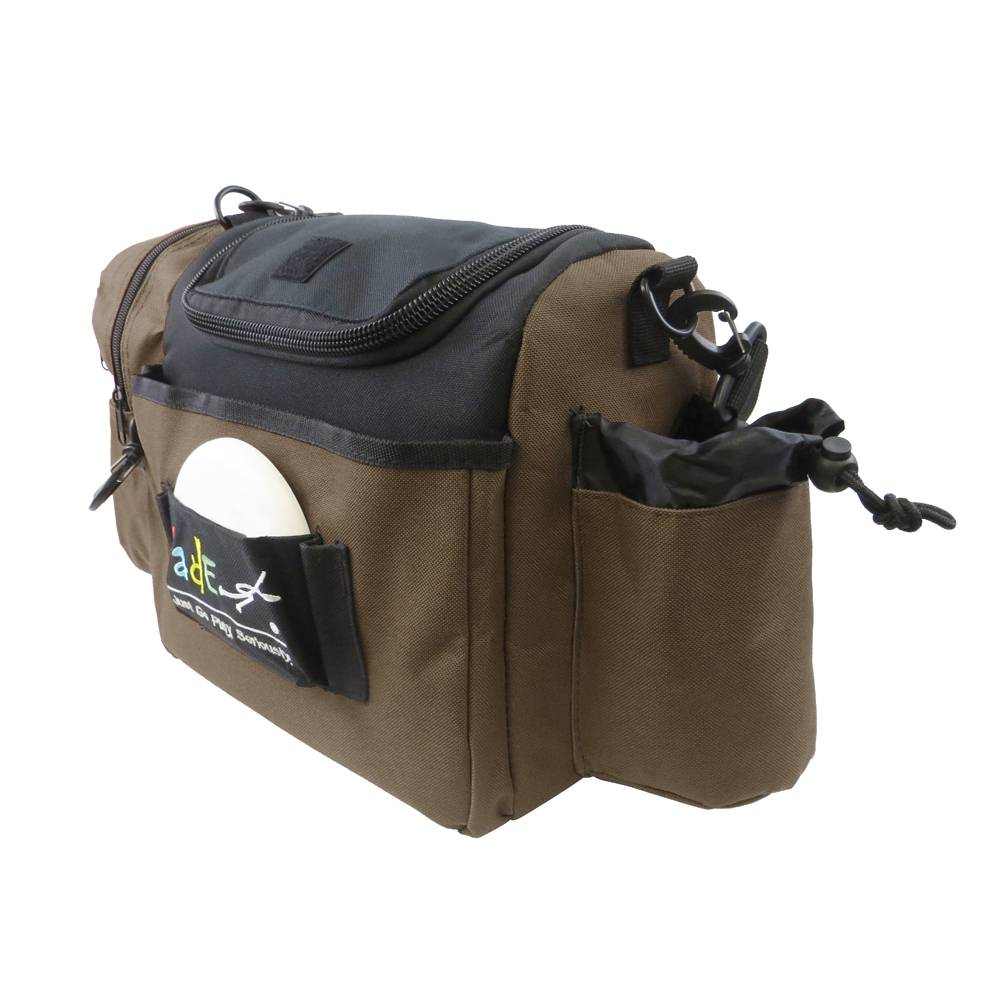 Brown Fade Gear Crunch Box disc golf bag by Lightning Golf Discs with multiple compartments and carrying straps.