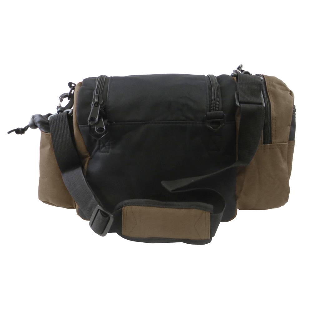 Lightning Golf Discs Fade Gear Crunch Box disc golf bag in brown with multiple compartments and a sturdy design.