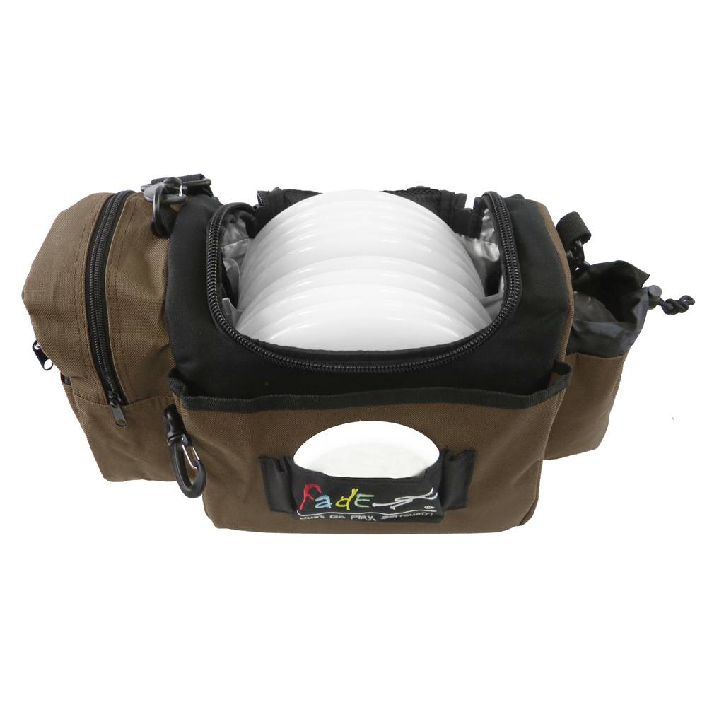 Lightning Golf Discs Fade Gear Crunch Box disc golf bag in brown with multiple compartments for discs and accessories.