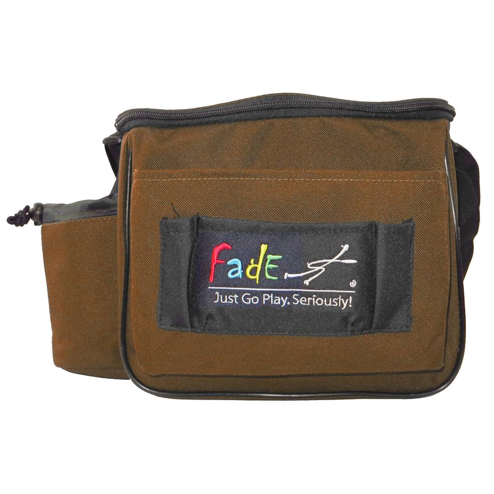Lightning Golf Discs Fade Gear Lite Disc Golf Bag in brown, showing the compact bag with multiple compartments and adjustable straps.