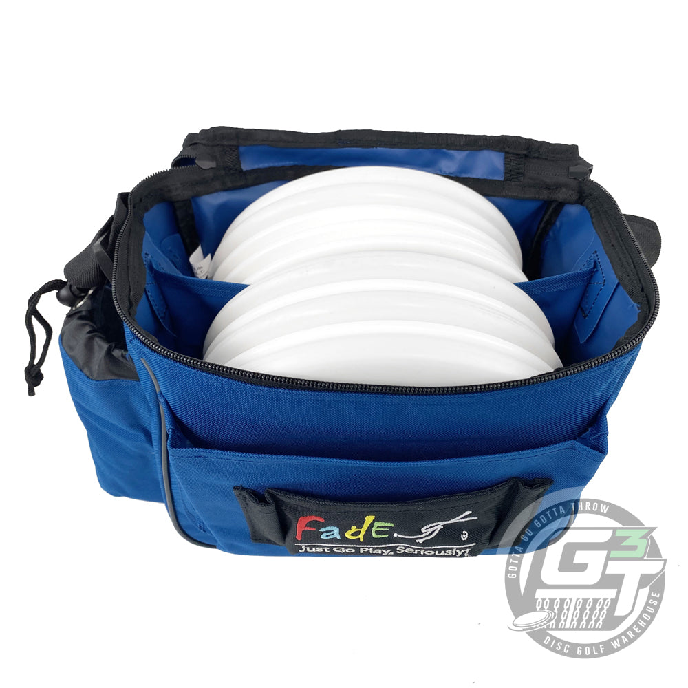 Gotta Go Gotta Throw Fade Gear Lite Disc Golf Bag in blue, featuring multiple compartments for discs and accessories.